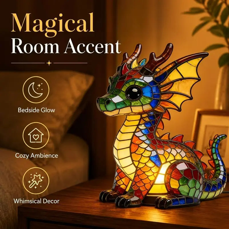 Lucky Dragon LED Night Light – Colorful Stained Glass-Style Resin Lamp, USB-Powered Fantasy Decor & Gift