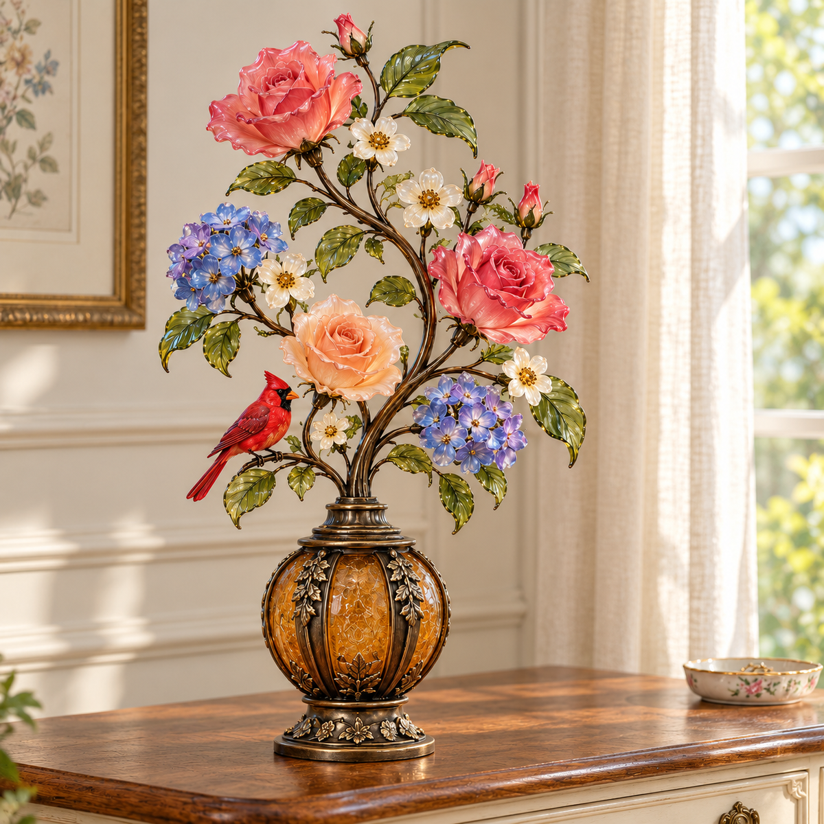 🌹The Secret Garden – Vintage Rose & Cardinal Table Lamp 🐦