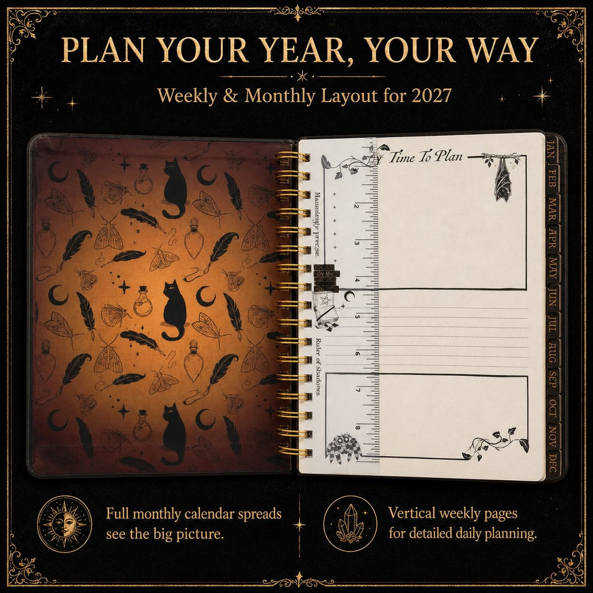 Planner opening with monthly tabs and ruler bookmark