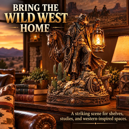 ✨Last Light of the Frontier – Western Rider & Horse Lantern Statue