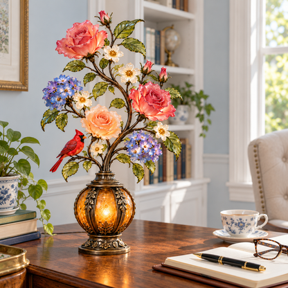 🌹The Secret Garden – Vintage Rose & Cardinal Table Lamp 🐦