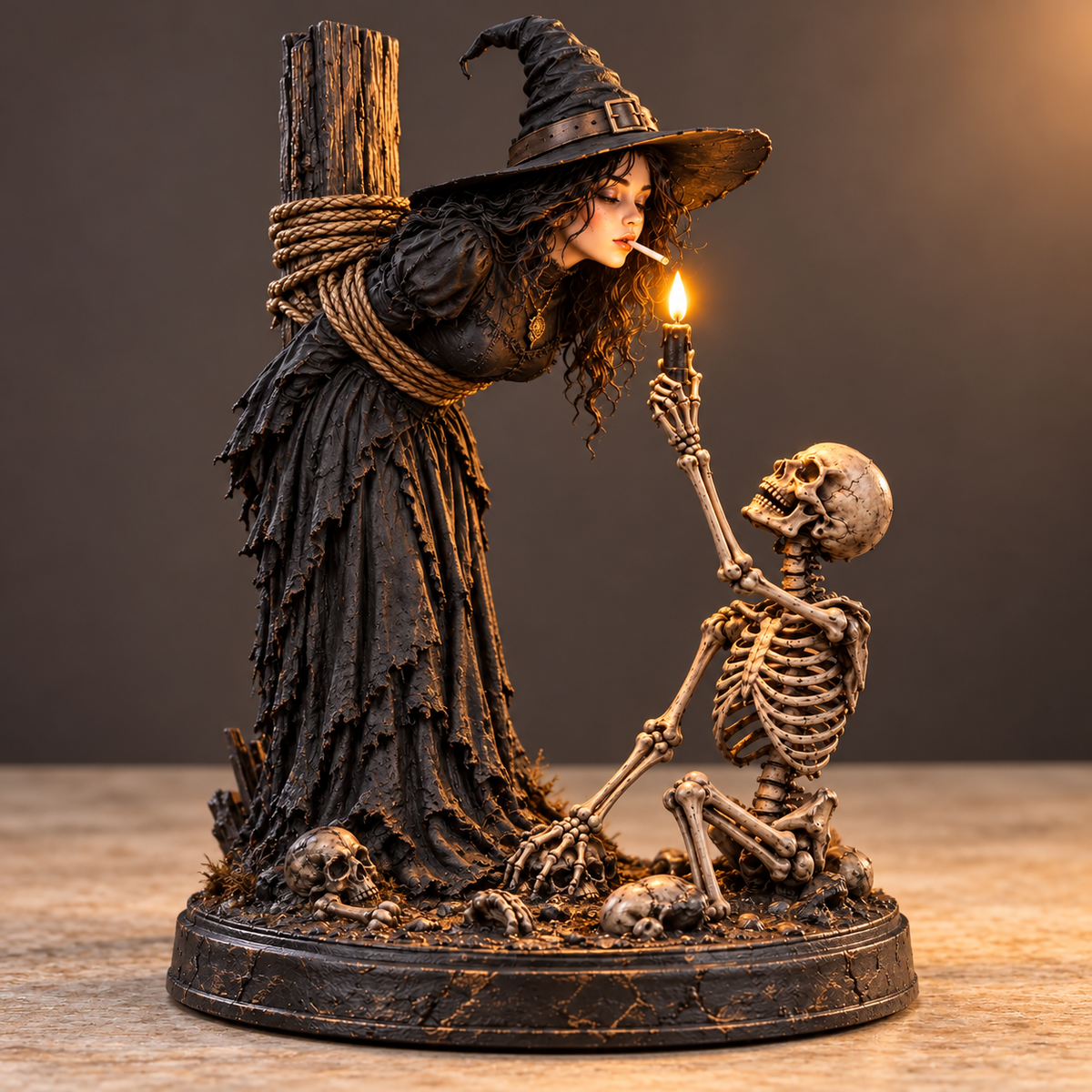 ⏳ 🖤 Light-Up Witch & Skeleton Gothic Figurine | Dark Halloween Tabletop Scene with Glowing Flame Detail 🔥