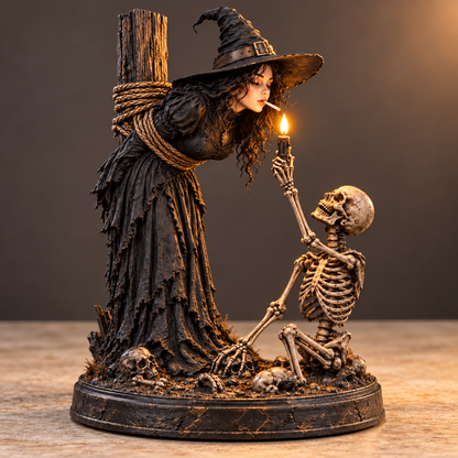 ⏳ 🖤 Light-Up Witch & Skeleton Gothic Figurine | Dark Halloween Tabletop Scene with Glowing Flame Detail 🔥