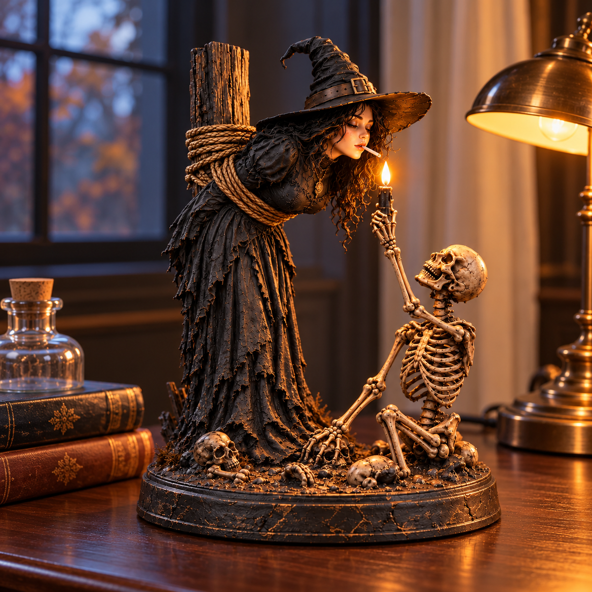 ⏳ 🖤 Light-Up Witch & Skeleton Gothic Figurine | Dark Halloween Tabletop Scene with Glowing Flame Detail 🔥