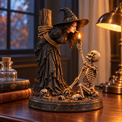 ⏳ 🖤 Light-Up Witch & Skeleton Gothic Figurine | Dark Halloween Tabletop Scene with Glowing Flame Detail 🔥