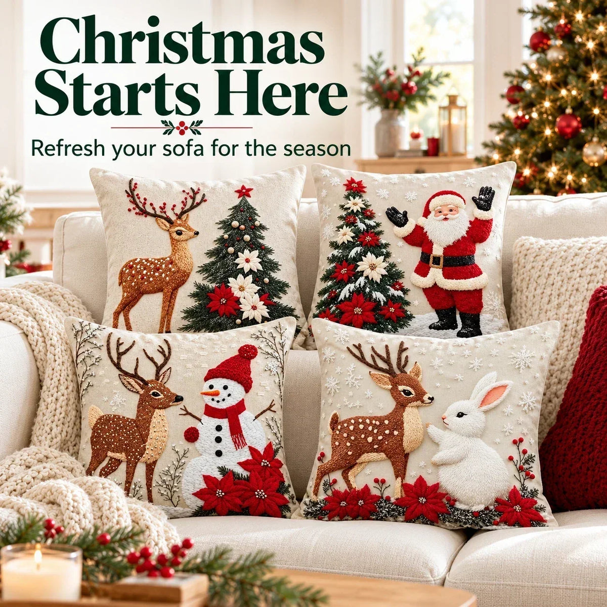 🎄 Christmas Pillow Covers 4-Piece Set — Festive Sofa Makeover