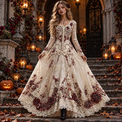 🎃Halloween Deal 49% OFF☠️Women's Gothic Skull & Rose Print Soft Fabric Maxi Dress