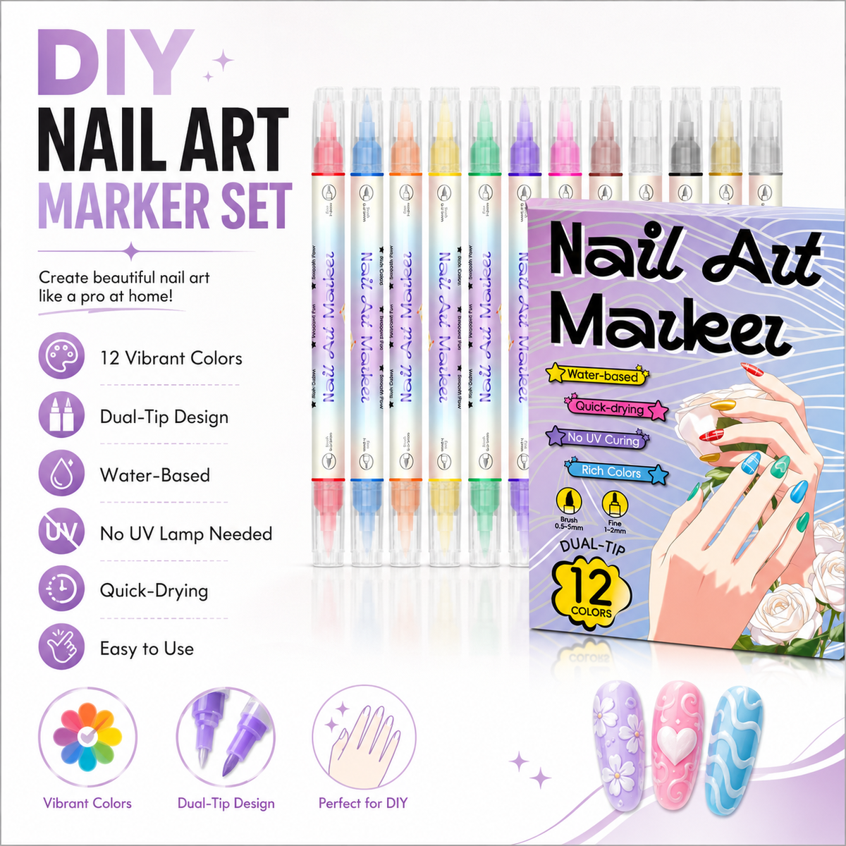 💅 12-Color Dual-Tip Nail Art Pens – Easy DIY Nail Designs