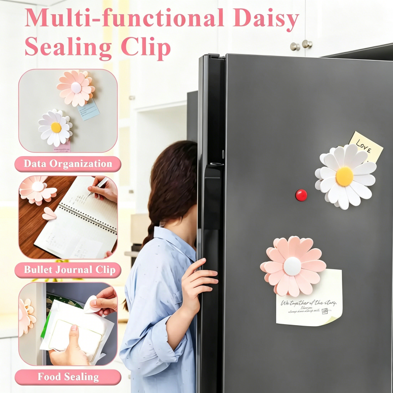 Cherry Blossom Fridge Magnetic Bag Clips Set  6 Food Sealing Clips with 1 Magnetic Daisy Base