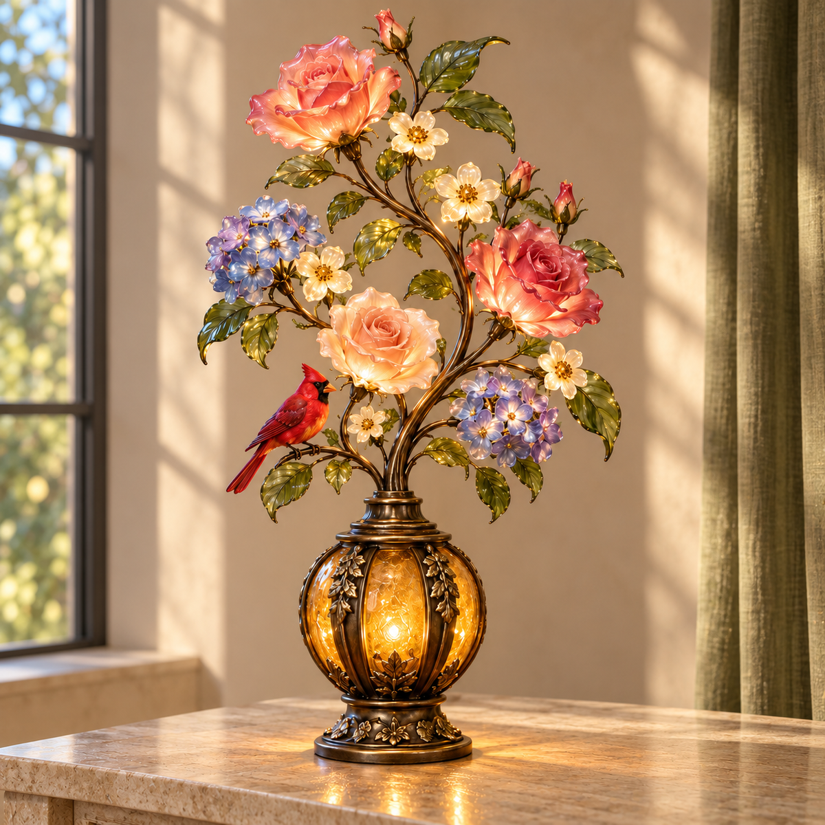 🌹The Secret Garden – Vintage Rose & Cardinal Table Lamp 🐦