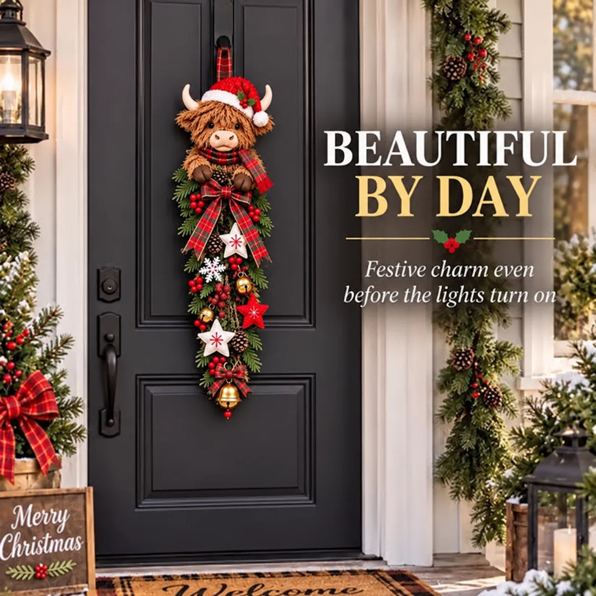 🔥Last Day 49% OFF✨🎄 Lighted Highland Cow Christmas Door Swag – A Cozy Holiday Welcome