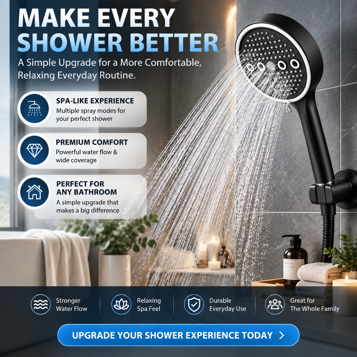 🚿 High Pressure 6-Mode Handheld Shower Head | Spa-Like Bathroom Upgrade With Powerful Water Flow