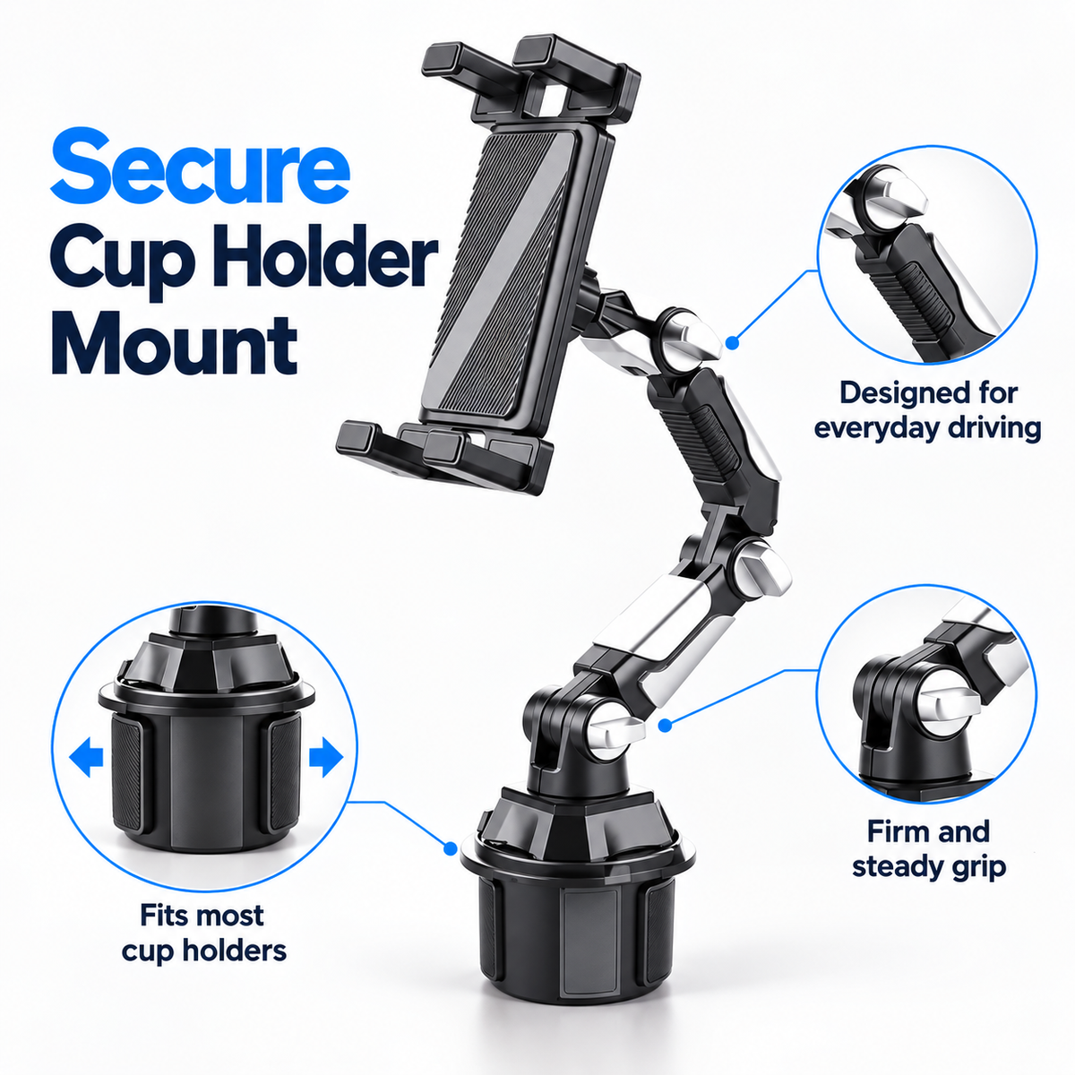 Adjustable Car Cup Holder Phone & Tablet Mount – 360° Rotating Universal Stand