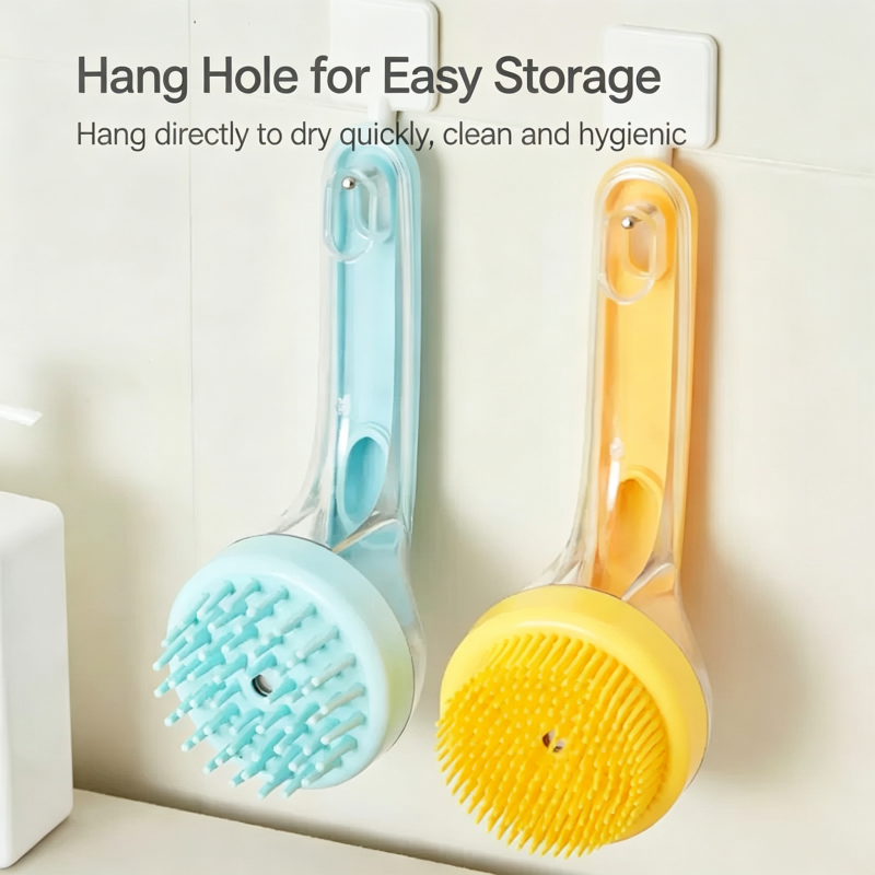 Multifunctional Press Liquid Dispensing Pet Bath Brush Soft Silicone Bristles Dog Cat Shower Grooming Brush Hanging Design Easy Clean Pet Washing Tool