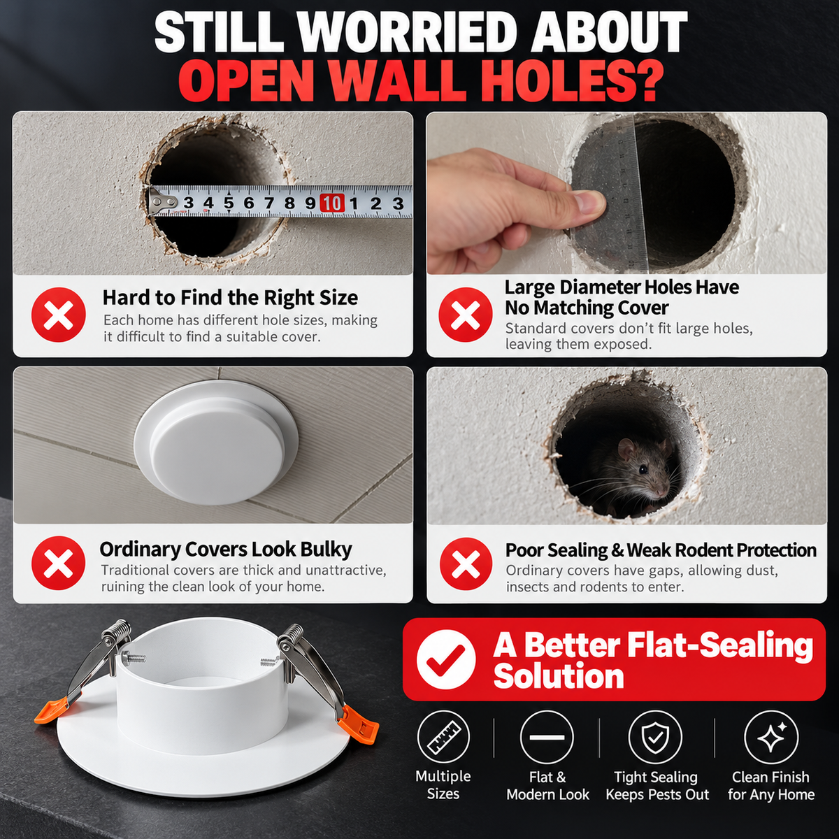 🏠 Universal Wall Hole Cover 🐭 No-Glue Spring-Clip Sealing Cap for AC & Pipe Openings (Fits 50–220mm)