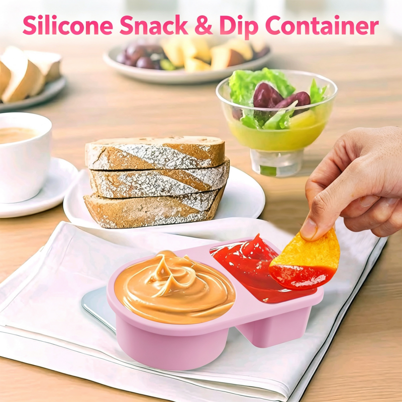 Leakproof Silicone Divided Condiment Cup, Reusable Portable Snack Box for Travel Picnic Kids Lunch