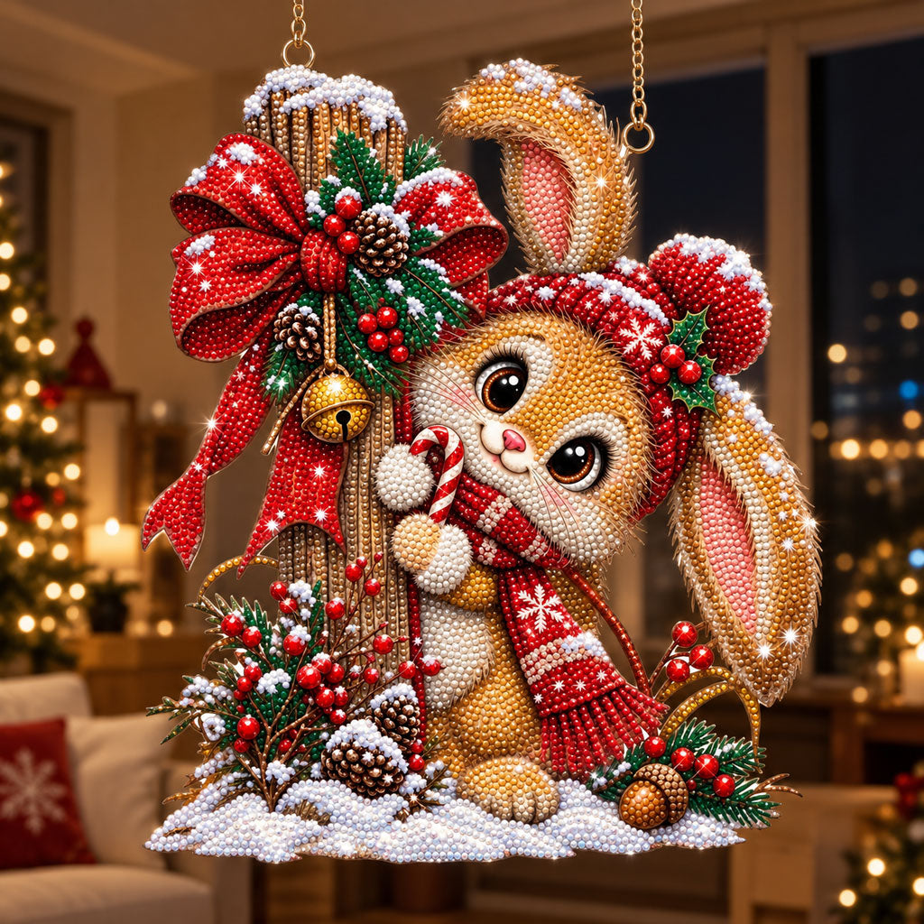 🐰🎄 Christmas Bunny Door Diamond Art Ornament Kit – Sparkling DIY Holiday Hanging Decor