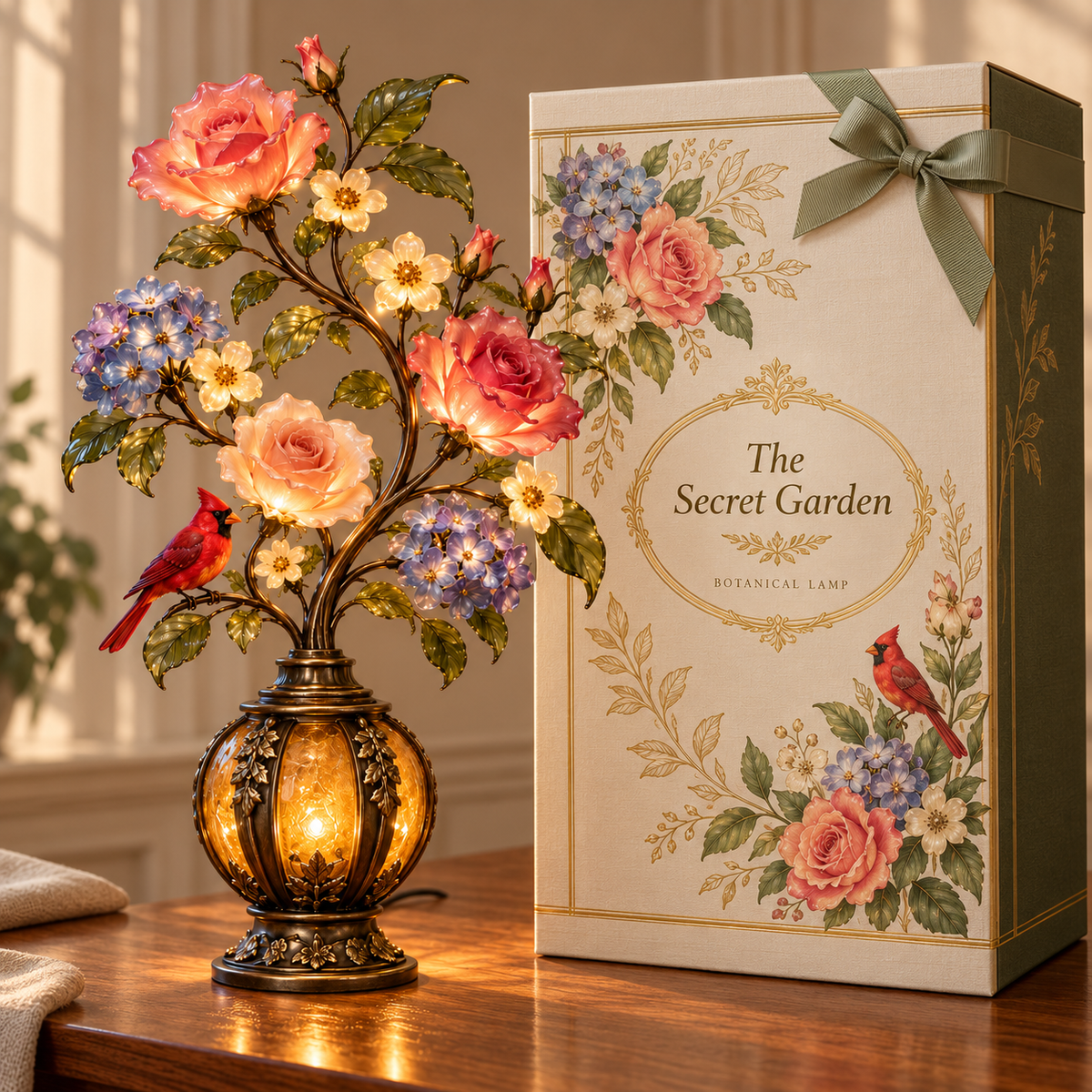 🌹The Secret Garden – Vintage Rose & Cardinal Table Lamp 🐦