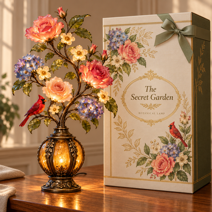 🌹The Secret Garden – Vintage Rose & Cardinal Table Lamp 🐦