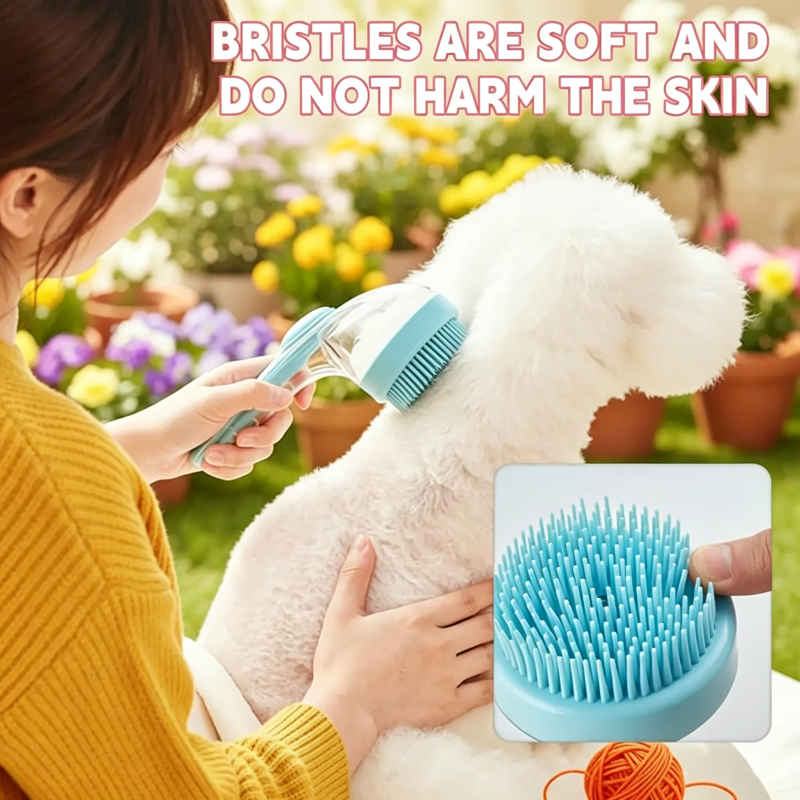 Multifunctional Press Liquid Dispensing Pet Bath Brush Soft Silicone Bristles Dog Cat Shower Grooming Brush Hanging Design Easy Clean Pet Washing Tool