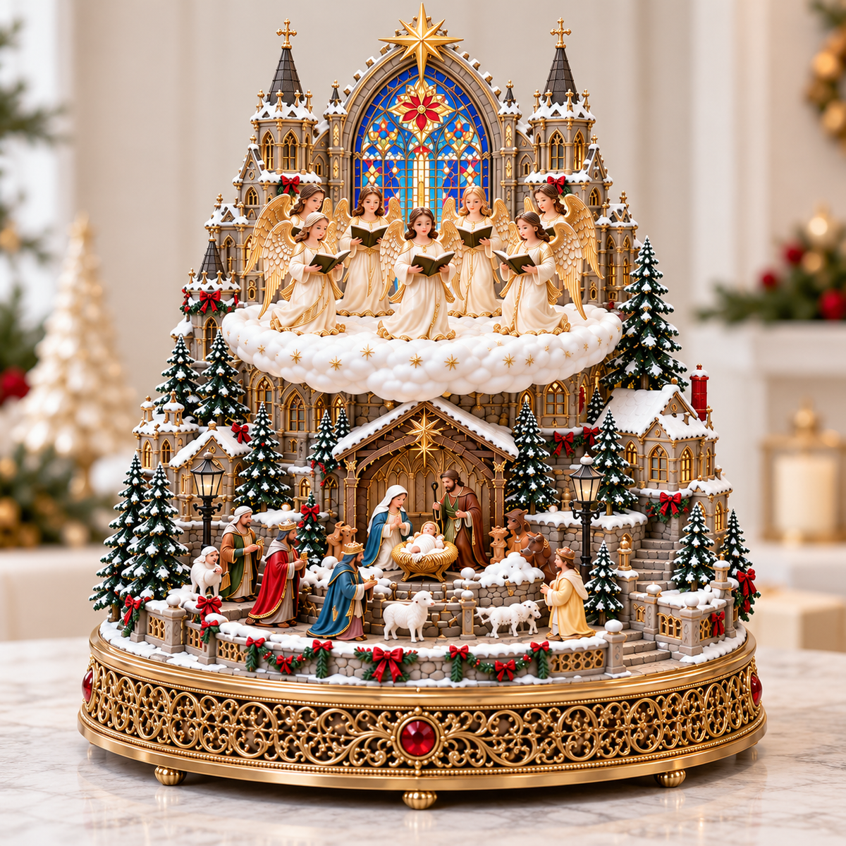 👼 Rotating Angel Choir Nativity Village | Lighted Christmas Centerpiece