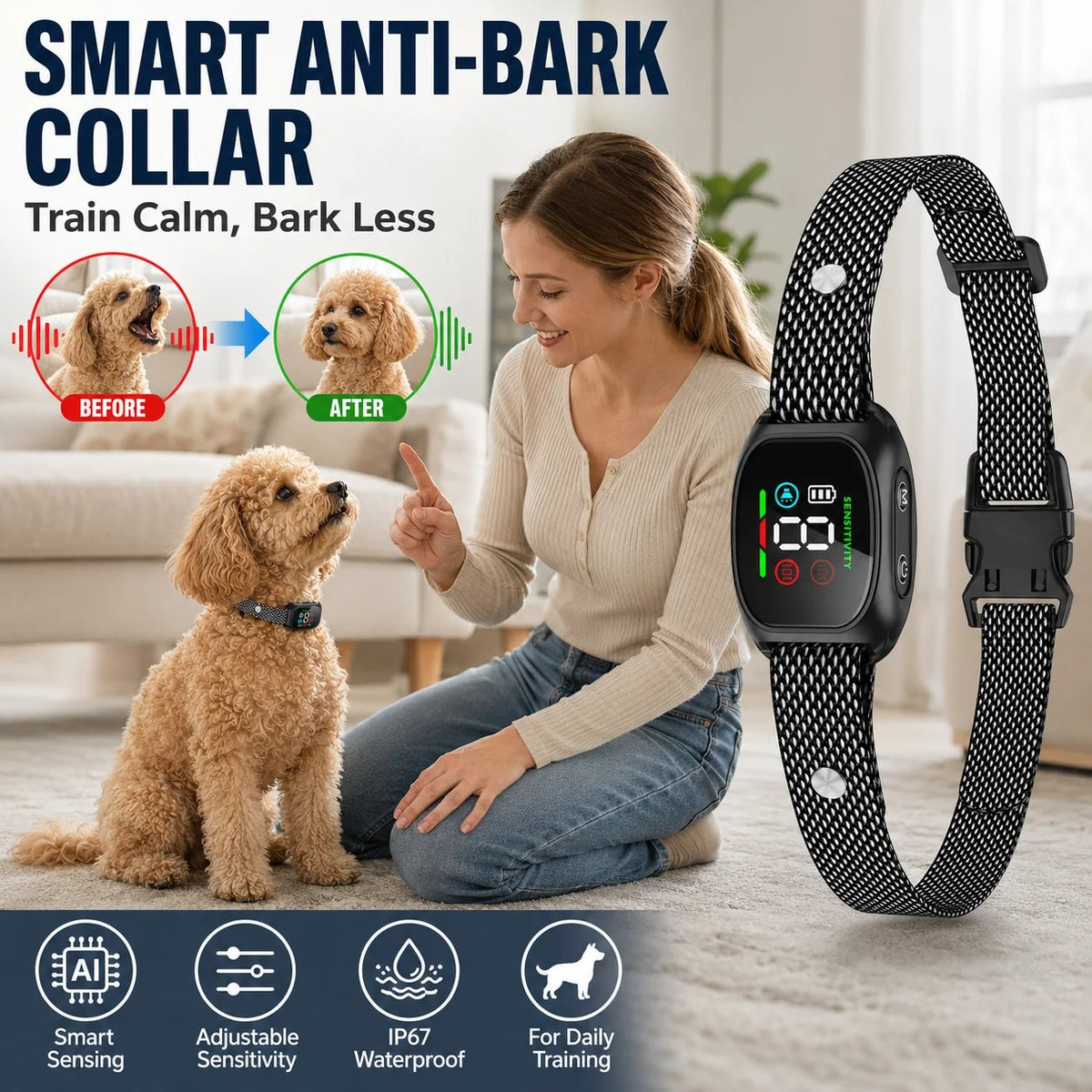 🛡️🐾 Anti Bark Collar – Smart anti‑false triggering filters out other barks. IP67 waterproof & USB rechargeable – worry‑free training anywhere! 💦✅