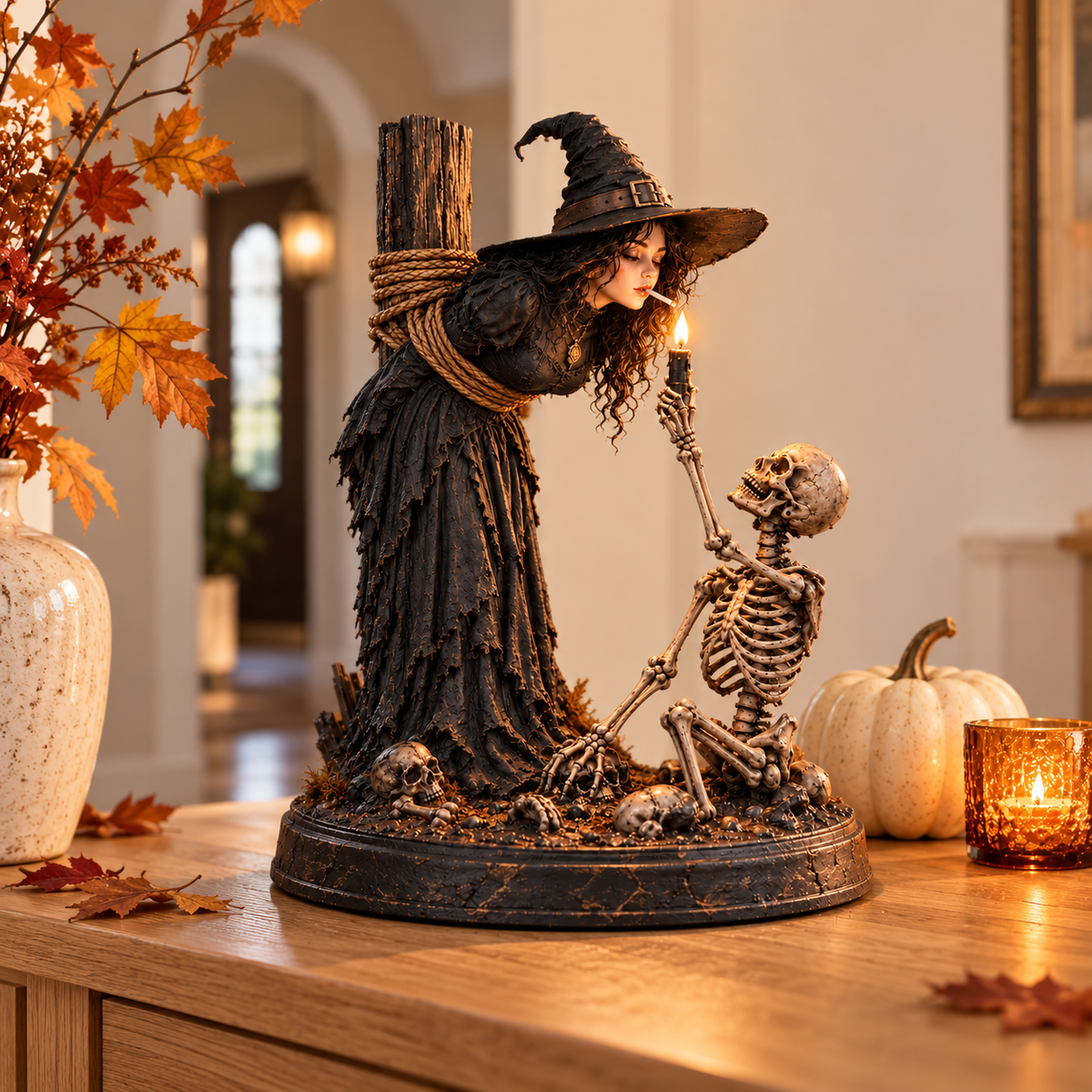 ⏳ 🖤 Light-Up Witch & Skeleton Gothic Figurine | Dark Halloween Tabletop Scene with Glowing Flame Detail 🔥