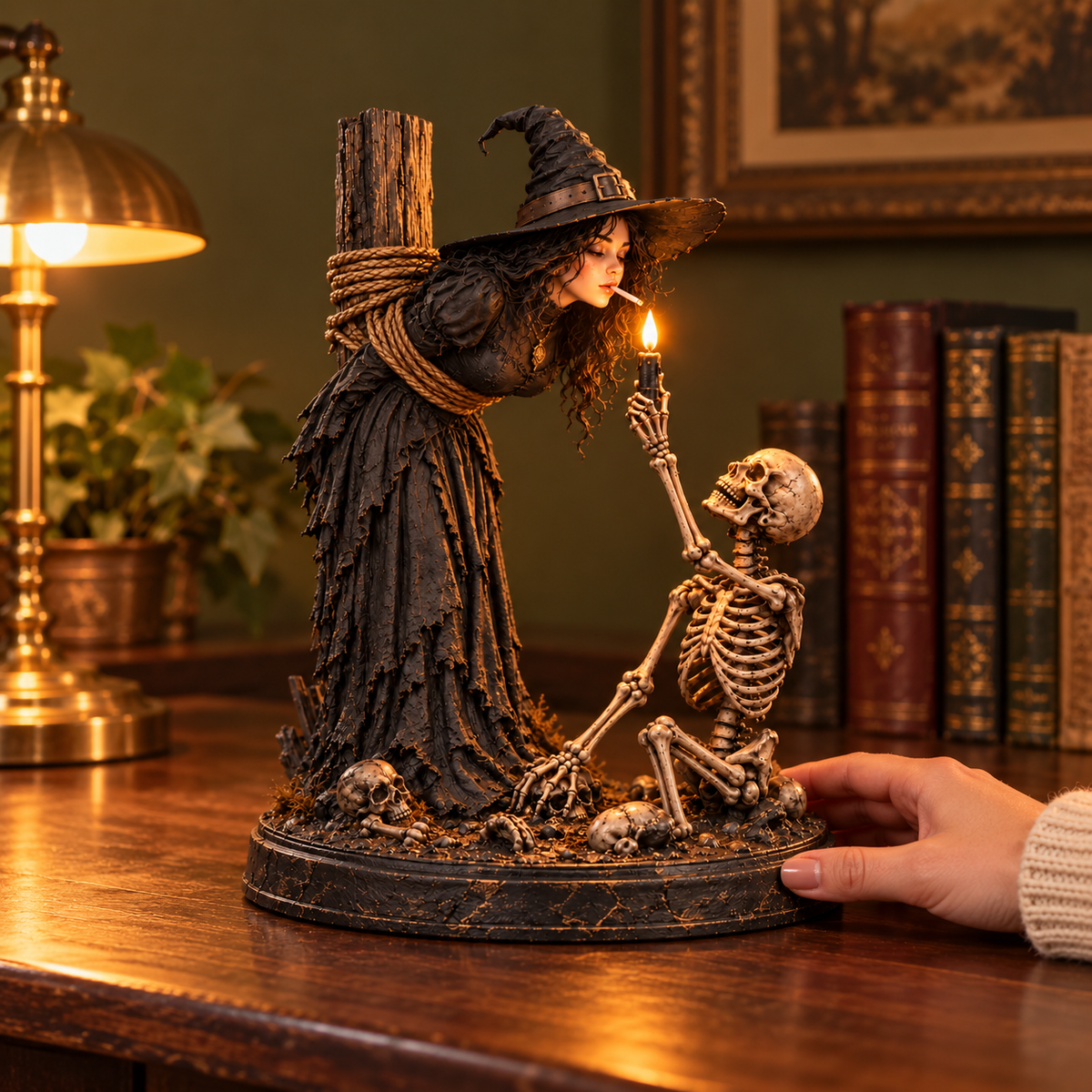 ⏳ 🖤 Light-Up Witch & Skeleton Gothic Figurine | Dark Halloween Tabletop Scene with Glowing Flame Detail 🔥