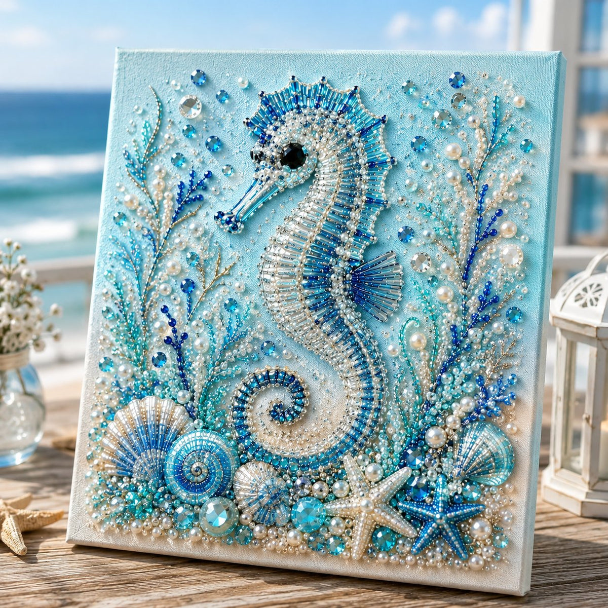 Completed seahorse ocean pearl art design