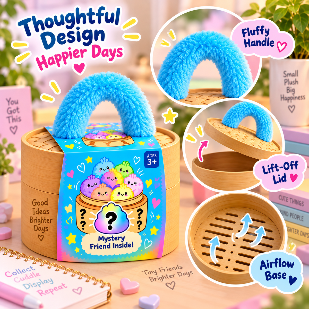 ✨Rainbow Dumpling Squishy Plush Toy with Imitation Bamboo Steamer, Christmas Decor Gift