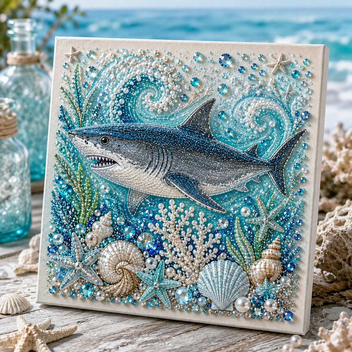 Completed shark ocean pearl art design