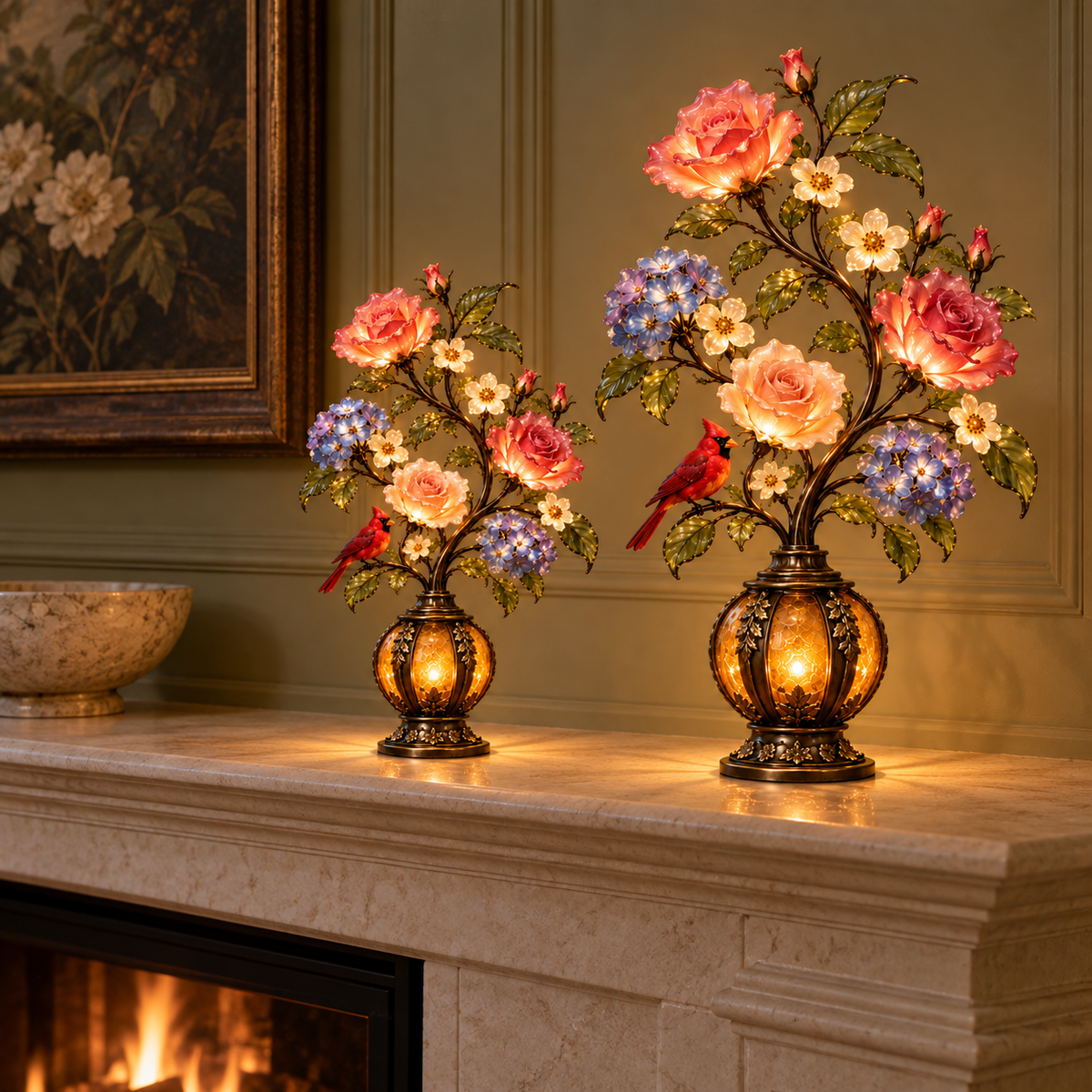 🌹The Secret Garden – Vintage Rose & Cardinal Table Lamp 🐦
