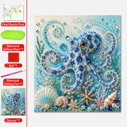 Ocean theme pearl art kit contents with canvas, beads, tray, wax, and placement pen