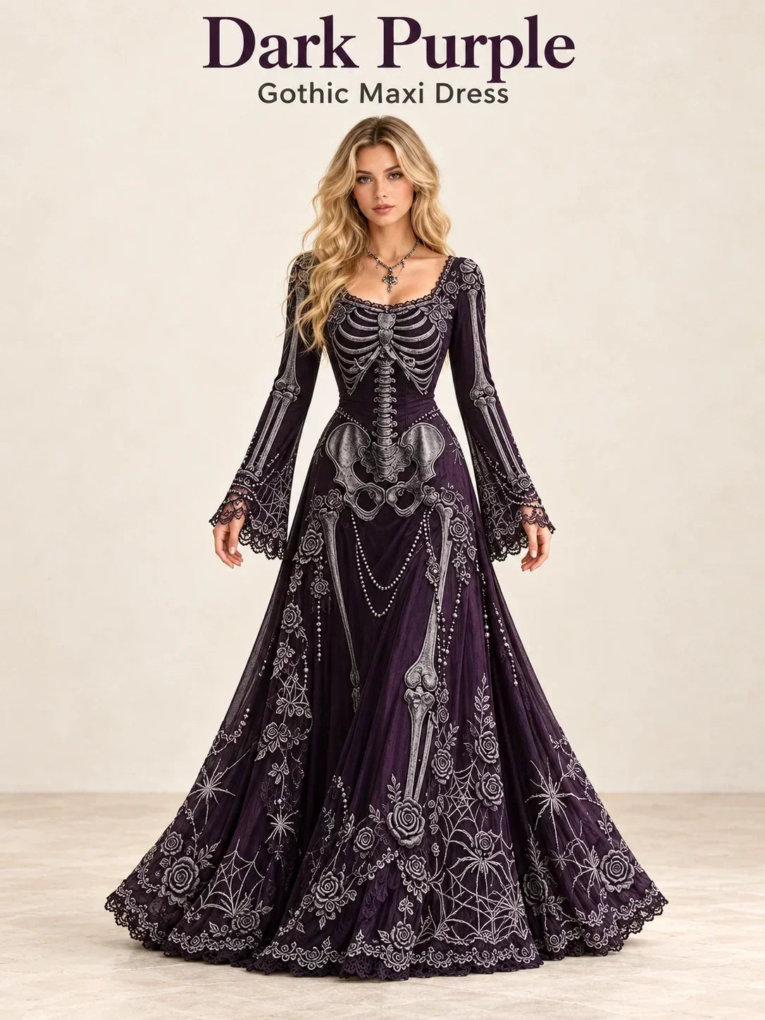 Gothic Skeleton Maxi Dress for Halloween | Bell Sleeve 🕸️