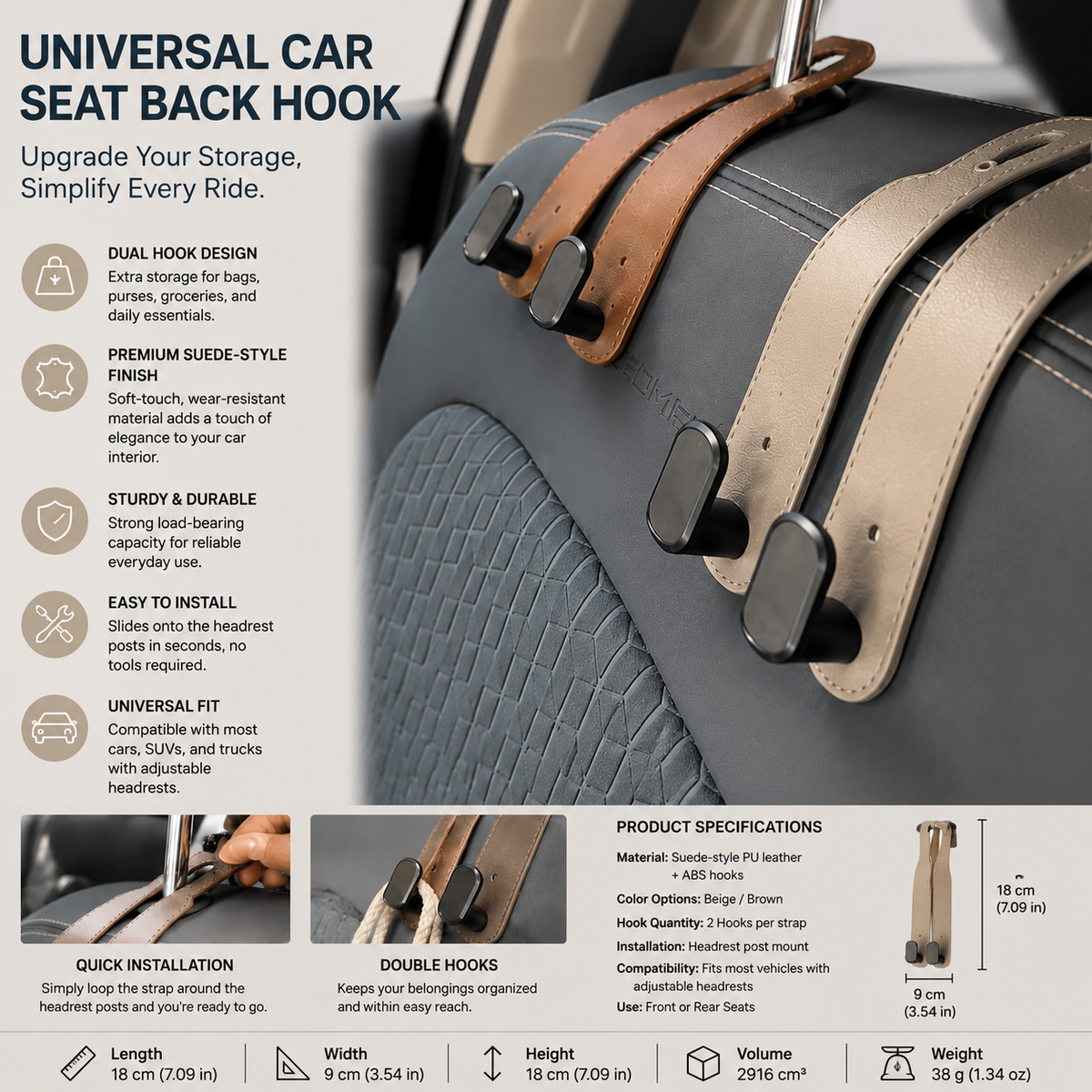 Universal Car Seat Back Upgrade: Dual Hooks with Suede-Style Finish – Interior Accessory for Front & Rear Seat Storage