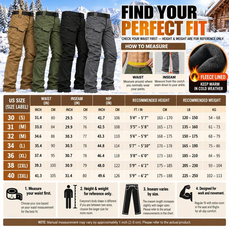 HOMUG Men's Fleece-Lined Tactical Cargo Pants, Windproof Warm Work Pants with Multi-Pockets, 320g Fabric, Regular Fit Outdoor Pants for Fall & Winter