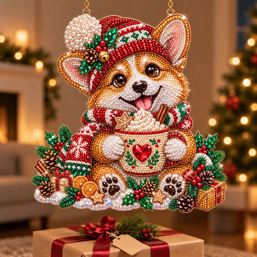 Christmas Corgi Cocoa Diamond Art Ornament Kit – Sparkling DIY Holiday Hanging Decor