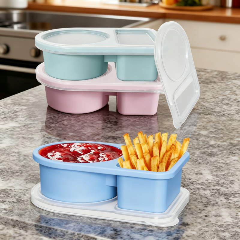 Leakproof Silicone Divided Condiment Cup, Reusable Portable Snack Box for Travel Picnic Kids Lunch