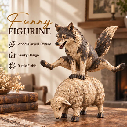 Funny Wolf Riding Sheep Figurine 🐺🐑 – Whimsical Rustic Farmhouse Animal Decor