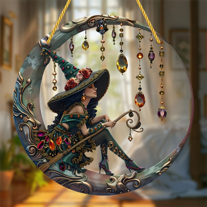 Witch artwork in a circular frame with a teal hat and colorful jewel motifs