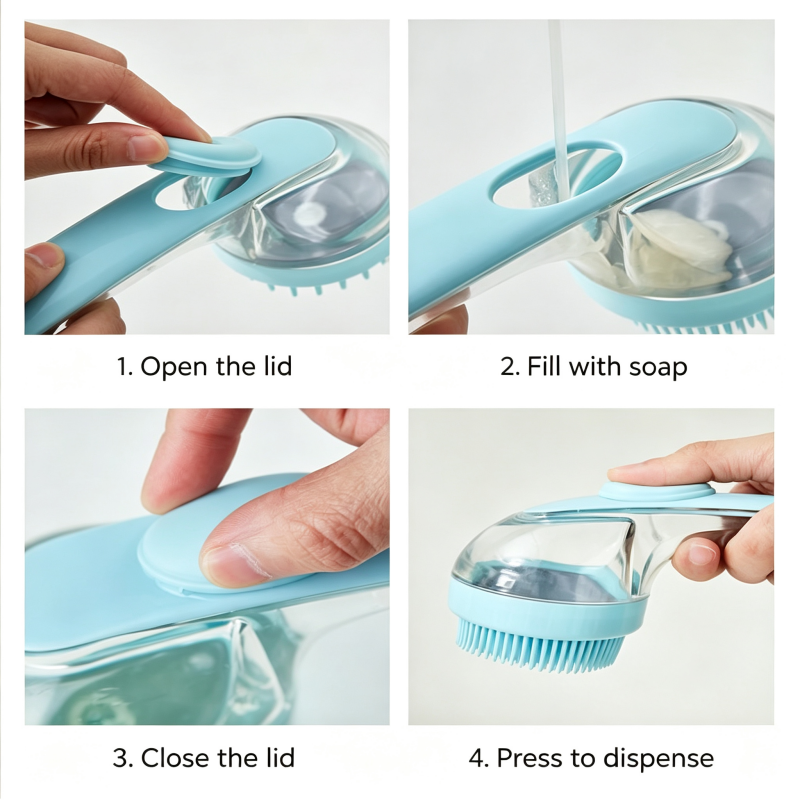 Multifunctional Press Liquid Dispensing Pet Bath Brush Soft Silicone Bristles Dog Cat Shower Grooming Brush Hanging Design Easy Clean Pet Washing Tool
