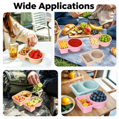 Leakproof Silicone Divided Condiment Cup, Reusable Portable Snack Box for Travel Picnic Kids Lunch