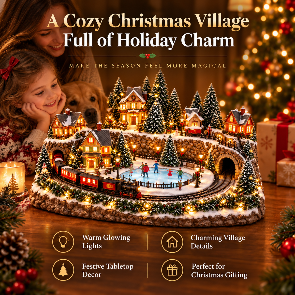 🚂🎄 Whimsical Light-Up Christmas Village — Animated Holiday Tabletop Decor