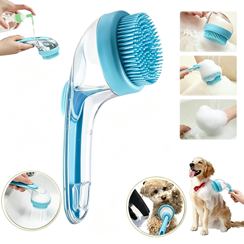 Multifunctional Press Liquid Dispensing Pet Bath Brush Soft Silicone Bristles Dog Cat Shower Grooming Brush Hanging Design Easy Clean Pet Washing Tool