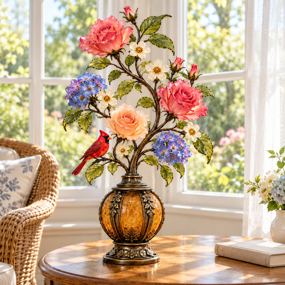 🌹The Secret Garden – Vintage Rose & Cardinal Table Lamp 🐦