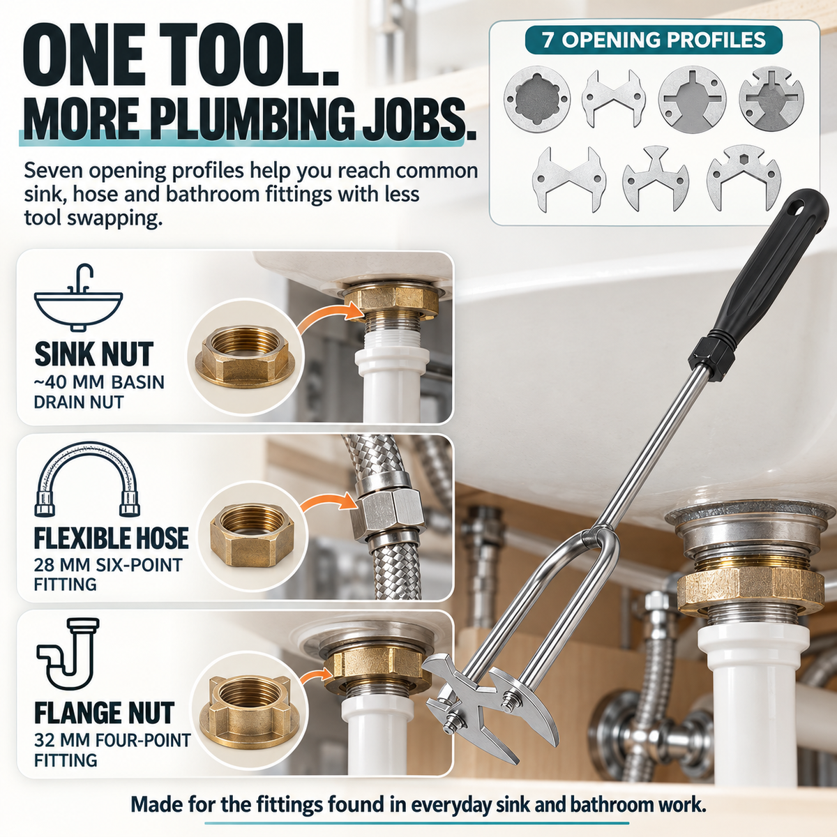 🔧 7-Opening Universal Sink & Bathroom Wrench – Stainless Steel Multi-Size Plumbing Tool for Tight Spaces