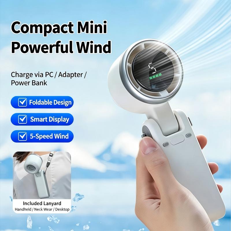High Speed Turbo Handheld Fan with Digital Display Foldable Neck Hanging USB Rechargeable