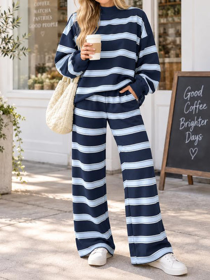 🔥Women’s Striped Mock Neck Long-Sleeve Top & Wide-Leg Pants Set