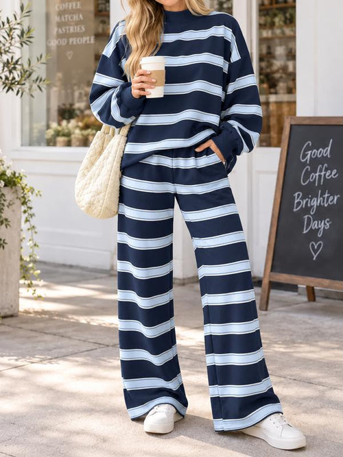 🔥Women’s Striped Mock Neck Long-Sleeve Top & Wide-Leg Pants Set