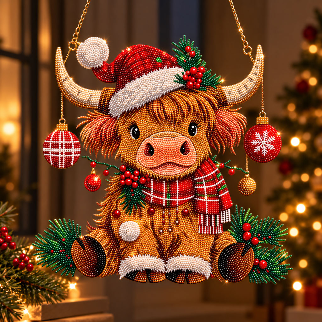Christmas Highland Cow Diamond Art Ornament Kit – Sparkling DIY Window Hanging Decor